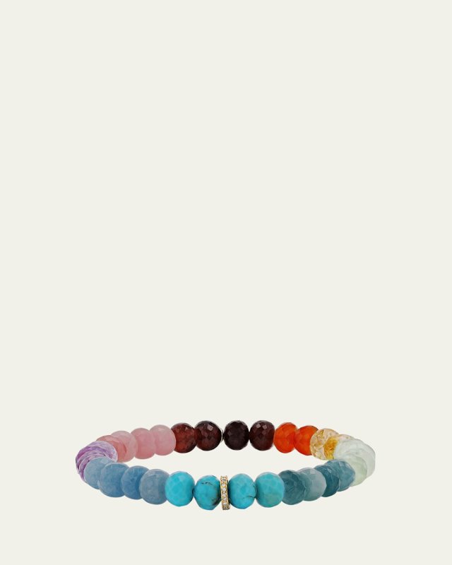 14K Rainbow Multi Stone 8mm Faceted Bracelet with 1 Pave Diamond Rondelle